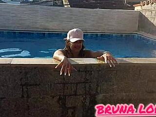 Bruna Cleans The Pool In Pink Bikini And White Blouse, Part 2