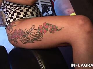 Sexy curly Ann undresses and squeezes cock with blowjob