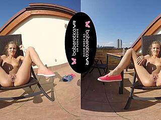 solo girl sarah kay masturbating and moaning in vr with toys, skinny body and small tits