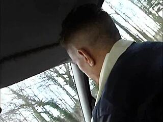 wow, this hot blonde gets a hard threesome blowjob from german guys!