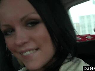 Dark-haired teen masturbates her succulent slit in the backseat