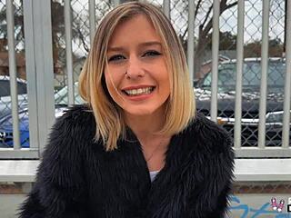 short haired blonde teen minxx marley fingers in alleyway before riding monster cock pov