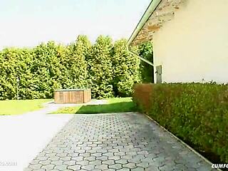 Nesty sucks multiple cocks in blowbang, covered in cum