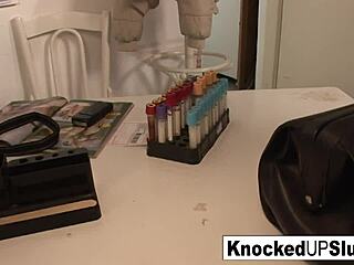 Pregnant redhead works hard at hospital