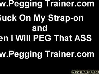 girl stretches guy's ass with strapon in femdom bdsm session