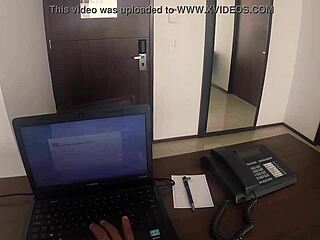 Latina secretary masturbates in office