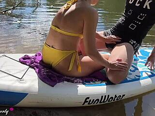 Beautiful brunette stepsister fucked during sunny river walk.