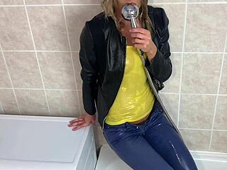 Blonde amateur tries wet clothes at home solo