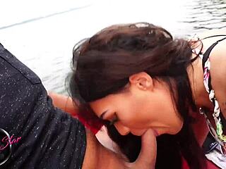 swallowing cumshot on the lake with big ass latina