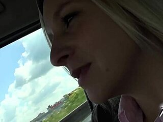 Blonde milf boldly sucks cock under steering wheel and eats cum