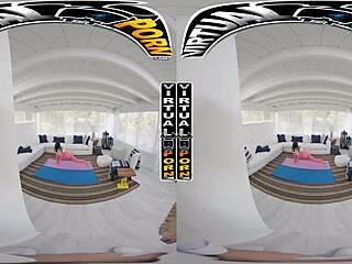 latina brunette violet gems with big tits doing yoga but can't resist sucking cock