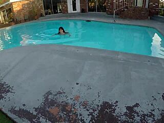 Scarlett johnson performs a detailed blowjob by the pool, focusing on oral techniques with her left hand.