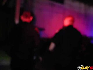 Two Gay Cops Suck and Ride Big Black Cock Outdoors