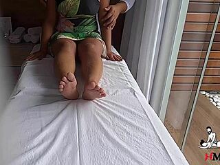 Filming client with gorgeous tits during tight pussy massage!