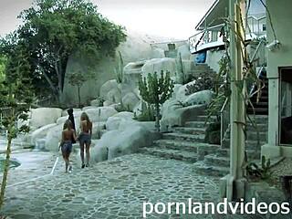 Skinny teens share big item in outdoor threesome