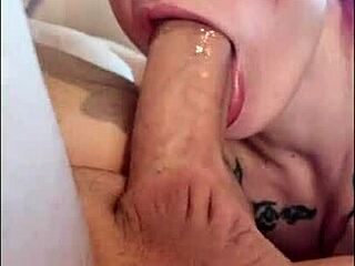 hot wife surprises with deepthroat on sloppy cock close up