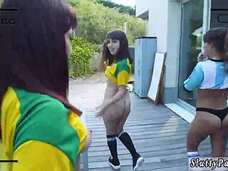 chubby blonde gives blowjob and swallows in outdoor group scene