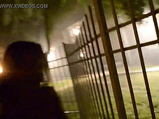 Ebony Foxy Strips Naked Outdoors For Voyeurs