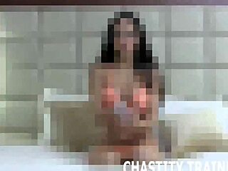 Bound submissive surrenders cock to femdom mistress with toys