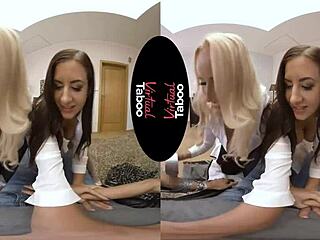 VR sex experience with a brunette milf and her shaved pussy