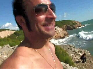 redhead rossa focosa banged hard on outdoor rocks with facial