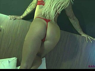 tattooed blonde in red lingerie masturbates suggestively, reaching orgasm in bdsm teasing.