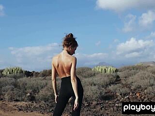 gorgeous brunette reveals perfect tits in desert