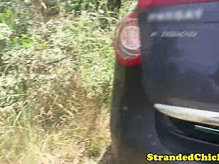 Hitchhiking teen strokes driver's bulge in public POV