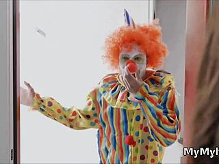 Horny housewife rides clown's hard cock!