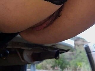 Twice Pissing Retro Car Tow Bar Before Orgasmic Fuck
