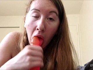 Oh, she's sucking that tattooed cock with toys and dildo for a facial!