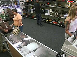 Pawnshop visitor gives blowjob to owner and plays with cum.