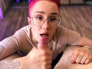 pov blowjob from cute teen with glasses and tattoos in homemade clip