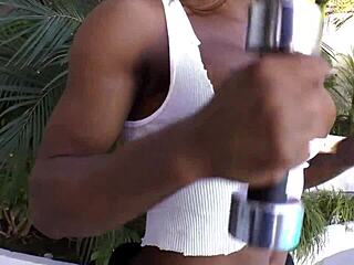 Bigtitted Black Tranny Getting Dildo Fucked in Suggestive Way with Jizz and Transsexual Action.