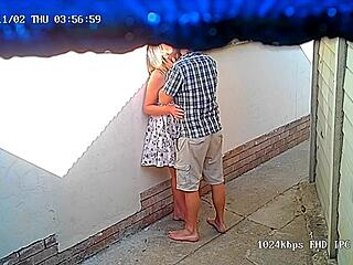 Blonde amateur gets fucked doggystyle in McDonald's delivery area on CCTV.