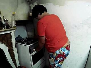 Chubby Couple Gets Naughty Between Stove and Messy Kitchen