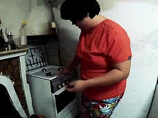 Chubby Couple Gets Naughty Between Stove and Messy Kitchen