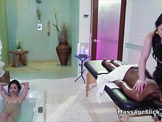 Watch interracial threesome massage pussies at spa