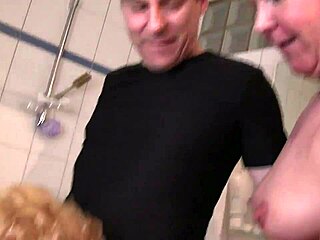 Two slutty milfs perform threesome blowjobs on big cocks.