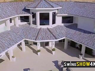 Hot busty brunette girlfriend rides a monster cock sensually in a wild swinger orgy with her couple.