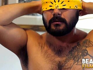 avi strider, the blindfolded gay bear, jerks off his monster cock solo