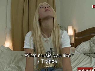 A slender blonde with petite breasts experiences an internal ejaculation during her audition.