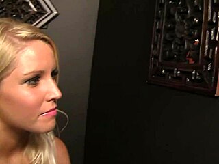 Blonde vanessa cage masturbates clit and big pussy lips while sucking cock through glory hole in cowgirl