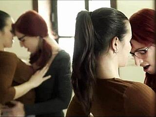 Wild encounter with seductive brunettes and a stunning redhead in explicit threesome