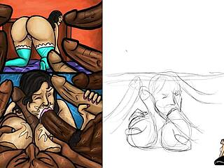 A steamy illustration of a sultry Latina mom enthusiastically servicing two massive ebony shafts
