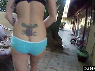 i watch my daughter's friend with pigtails and tattoo give blowjob at her parents house outdoor