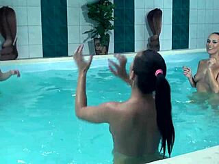 three stunning bombshells share a secret by the pool