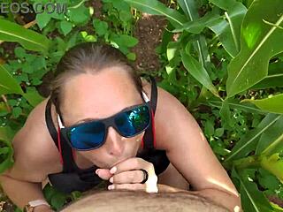 Stepsister gives pov outdoor blowjob with big tits handjob sucking in nature jungle milf style