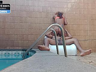 Amateur teen sucks cousin's cock in hotel pool area intensely.