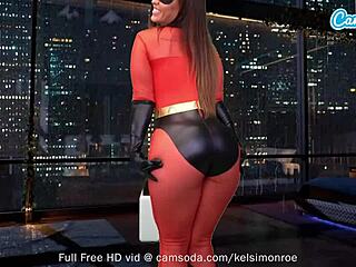 Voluptuous Camgirl Kelsi Monroe's Elastigirl cosplay on the Sybian